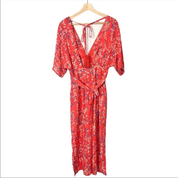 ASOS Moon River Red Floral Wrap Cropped Jumpsuit M - Picture 13 of 16